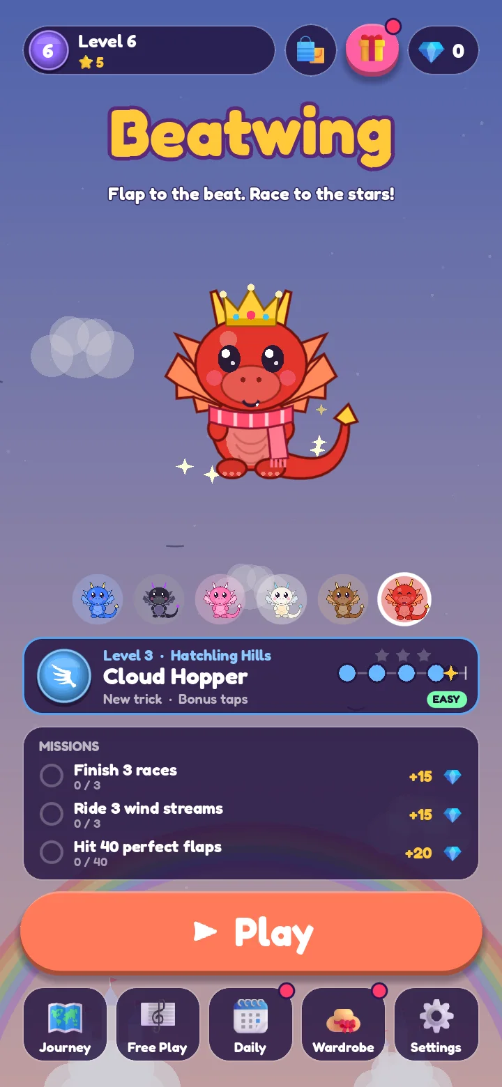 The Beatwing home screen: a red dragon in a crown, the next level and three missions